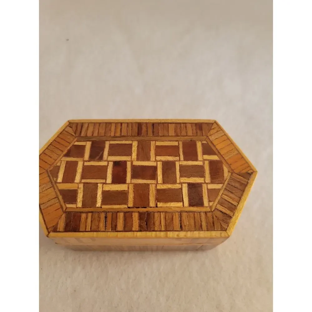 Vintage Octagon Wood Inlay Jewelry‎ Trinket Box Geometric Mosaic Pattern